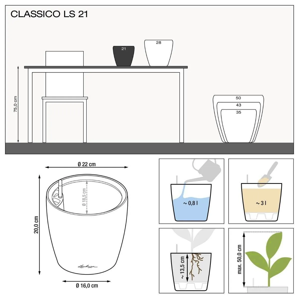 LECHUZA CLASSICO 21 LS, selbstbewässernder Pflanztopf aus Polyresin, silberfarben, mit Substrat und Wasserstandsanzeige, D21 H20 cm, 3 l