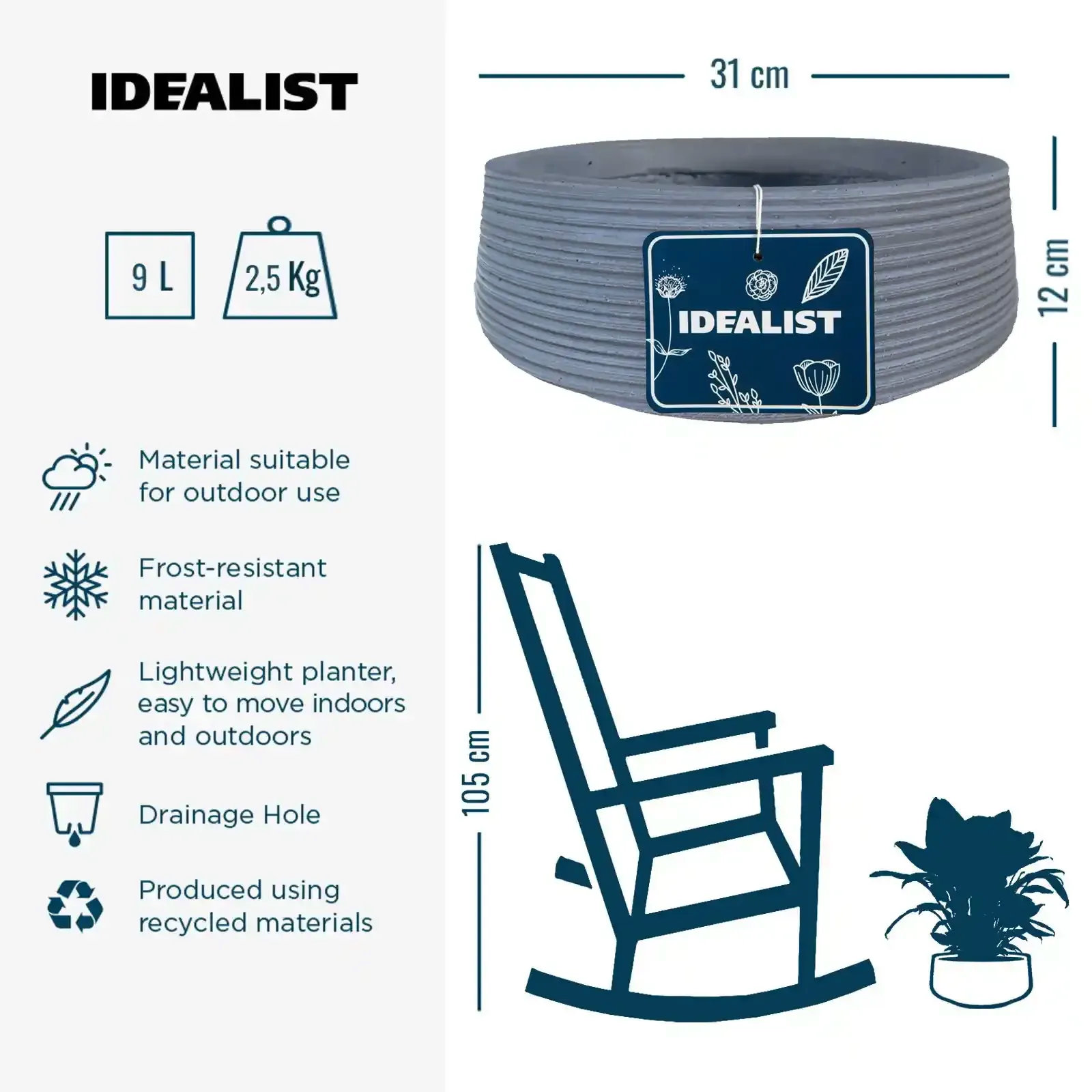 IDEALIST Lite Großer gerippter Pflanzkübel aus hellem Beton in Steingrau, Pflanzschale für den Außenbereich, H12 T31 cm, 9 l