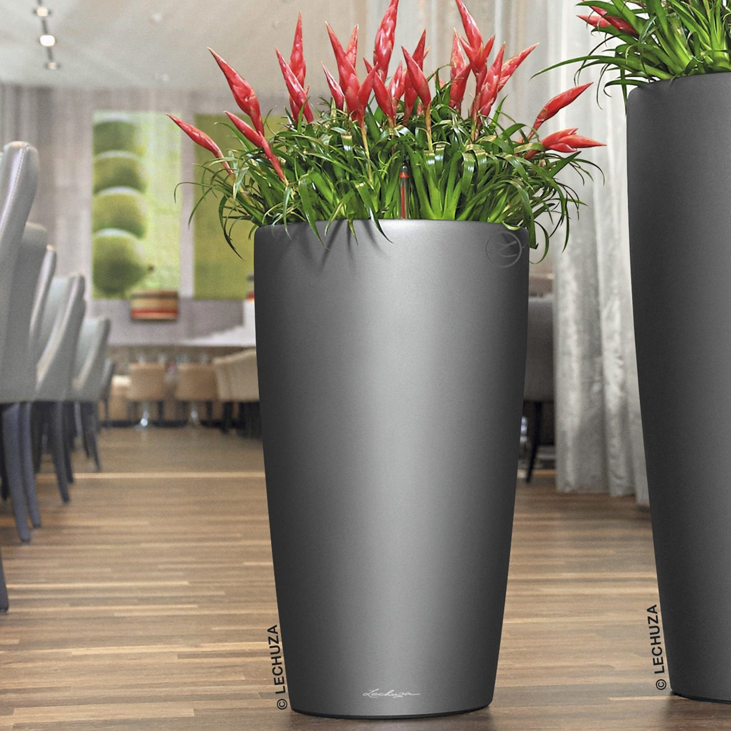LECHUZA CUBICO Color 22 Slate, Selbstbewässernder Blumentopf aus Polyresin mit Substrat und Wasserstandsanzeige, H41 L22 B22 cm, 6L