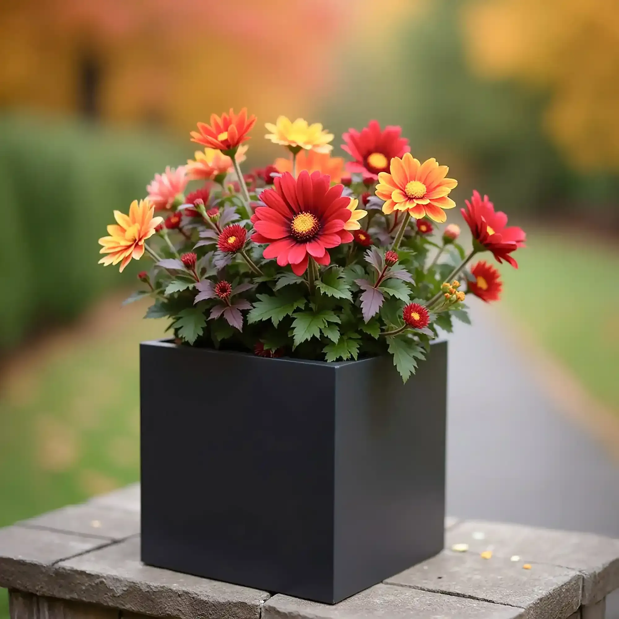 IDEALIST Lite Moderner Blumenkasten, quadratisch, für den Garten, Pflanzgefäß, schwarzer heller Beton, Pflanztopf für den Außenbereich, H25 L25 B25 cm, 16 l