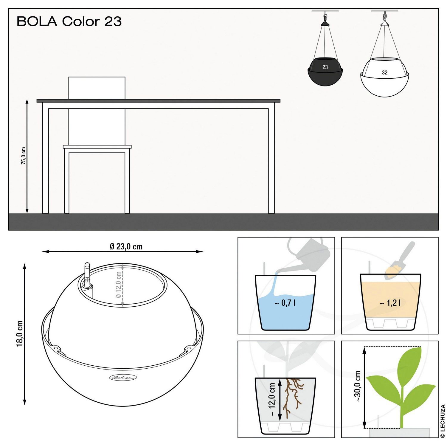 LECHUZA BOLA Color 23 Slate Selbstbewässernder Hängepflanzer, Pflanztopf aus Polyresin mit Substrat und Wasserstandsanzeige, D23 H18 cm, 1,2 l