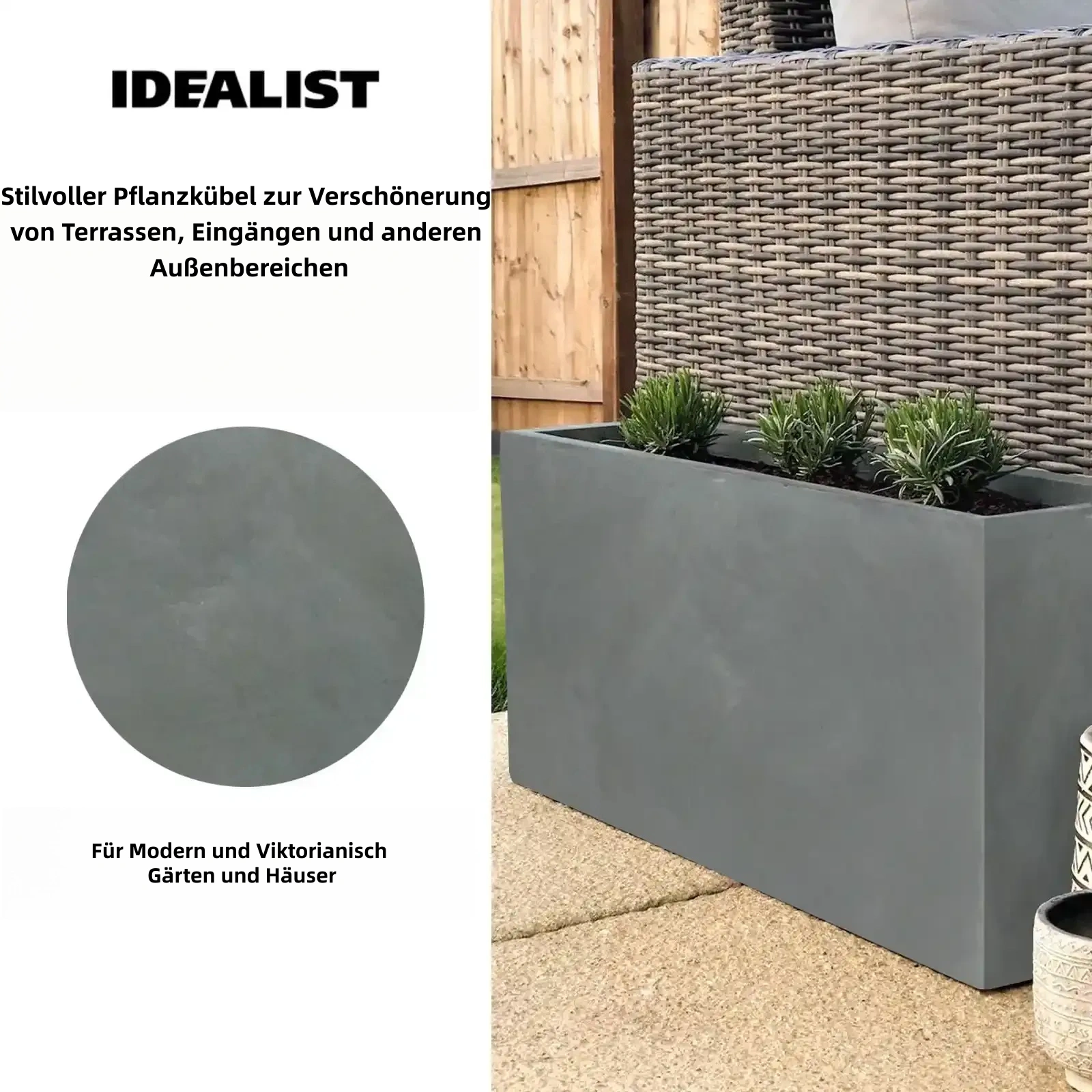IDEALIST Lite Moderner Pflanztrog für den Garten, Grau, heller Beton, großer Blumentopf für den Außenbereich, H30 L65 B19 cm, 37 l