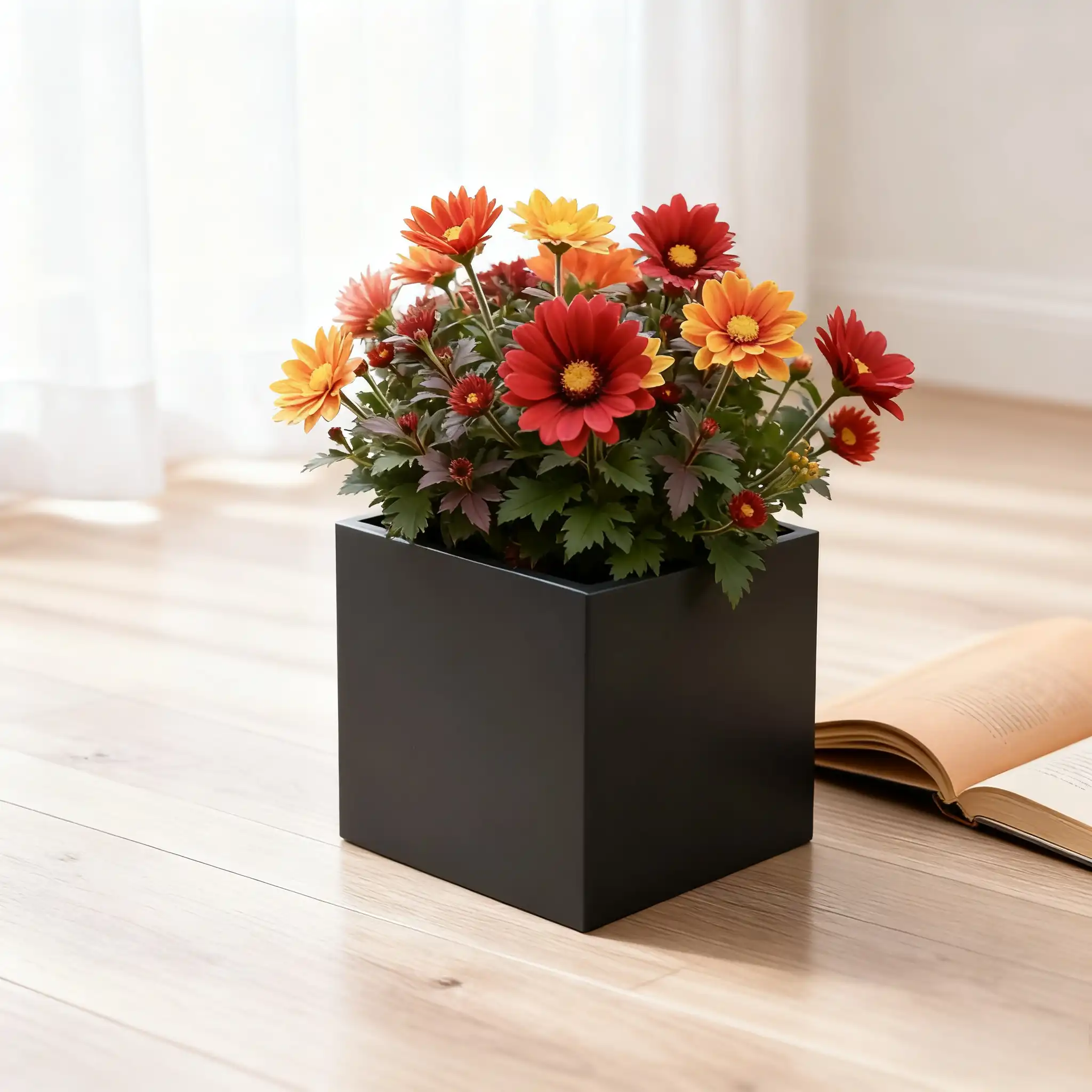 IDEALIST Lite Moderner Blumenkasten, quadratisch, für den Garten, Pflanzgefäß, schwarzer heller Beton, Pflanztopf für den Außenbereich, H25 L25 B25 cm, 16 l