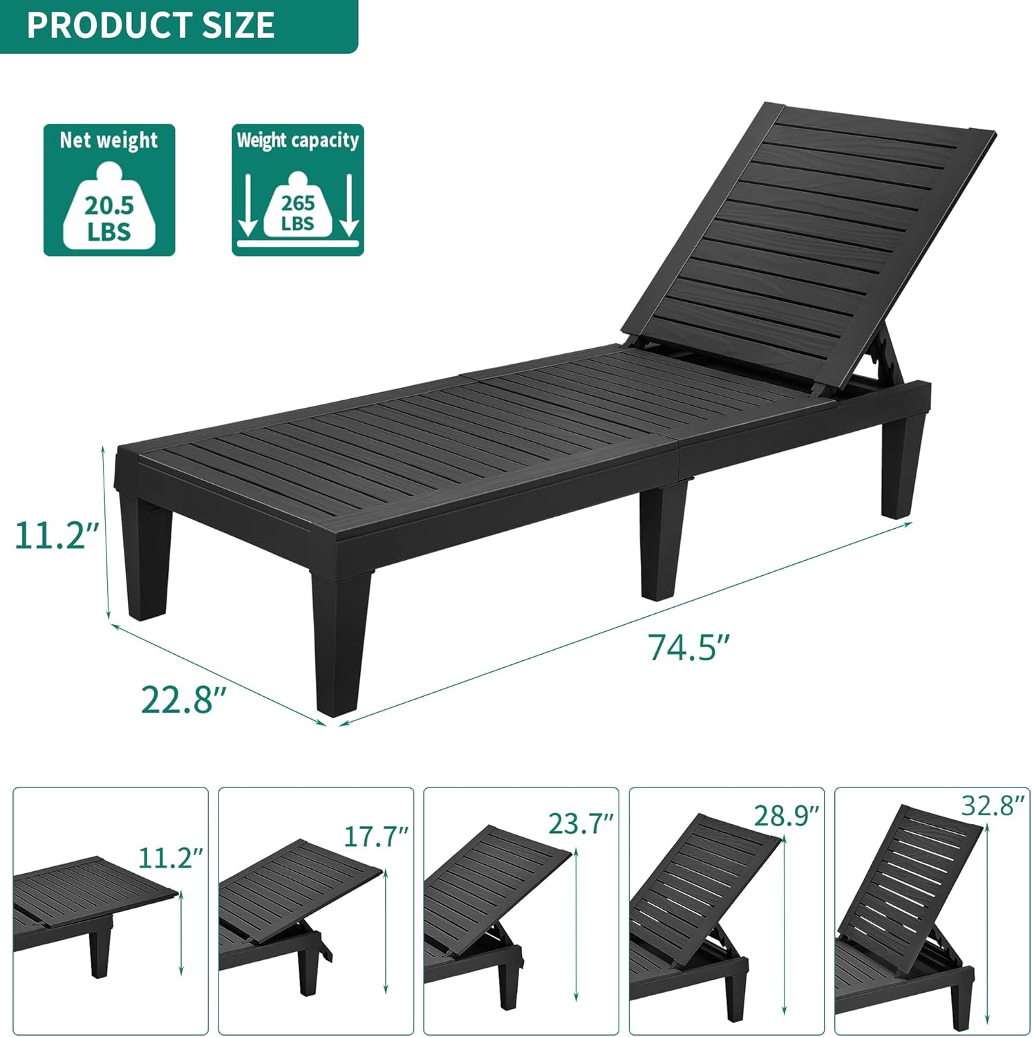 2025 Chaiselongue-Stühle für den Außenbereich, 4er-Set mit verstellbarer Rückenlehne, stabile Liegen für Terrasse und Poolrand, einfache Montage, wasserdicht und leicht mit einer Tragfähigkeit von 120 kg, schwarz