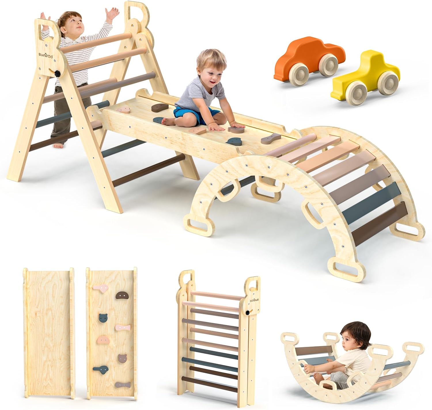 2025 Pikler-Dreieck-Set, 7-in-1, faltbares Baby-Kletterspielzeug, hölzernes Montessori-Kletterset mit Bogen, Rampe und Leiter, Baby-Klettergerät, Indoor-Klettergerüste für Kleinkinder, Montessori-Spielzeug – Regenbogen