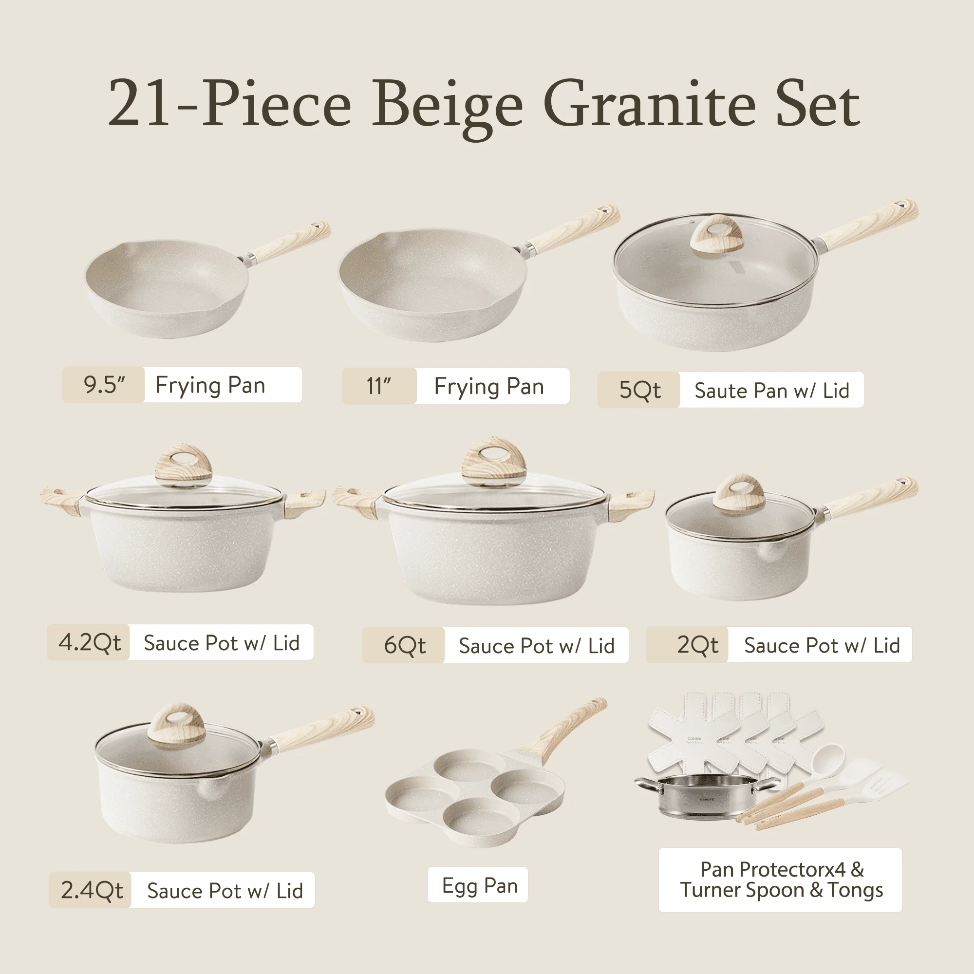 2025 Carote Antihaft-Topf- und Pfannen-Set, 21-teilig, Induktions-Kochgeschirr-Sets (Beige Granit)