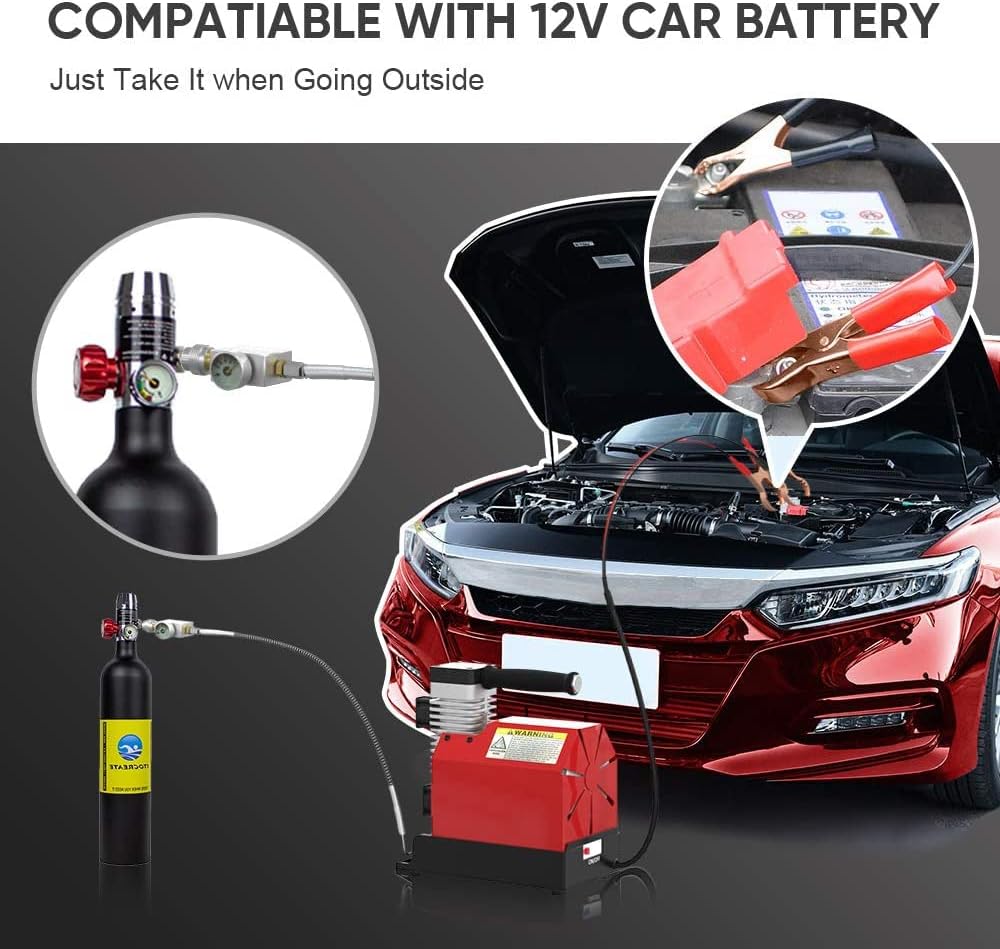 Tragbarer PCP-Luftkompressor CS2, 4500 Psi/30 MPa, ölfrei, Stromversorgung über 12 V Gleichstrom im Auto oder 110 V Wechselstrom zu Hause mit Adapter (im Lieferumfang enthalten), Paintball-Tankkompressor mit zusätzlichem Feuchtigkeits-Ölabscheider