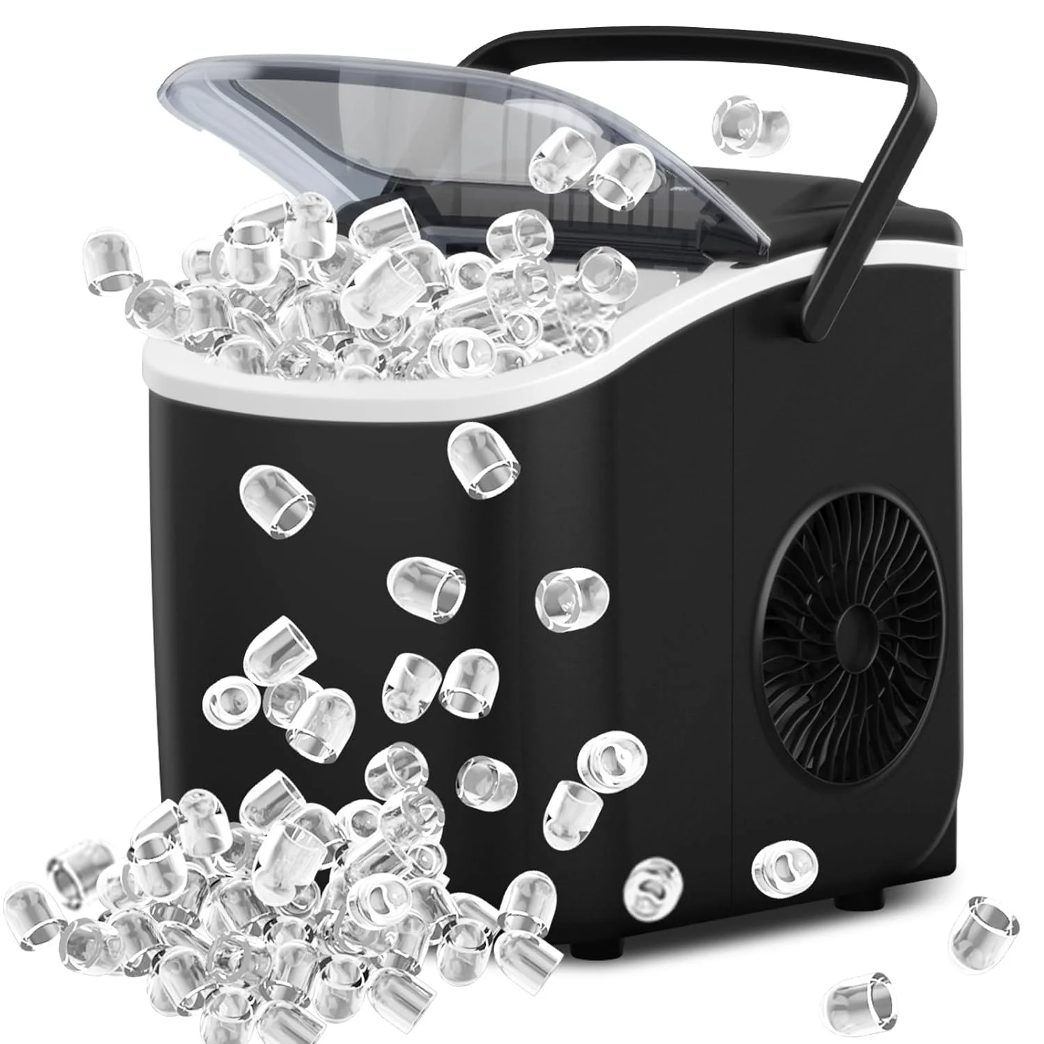 2025 Bullet-Eiswürfelbereiter für die Arbeitsplatte mit Griff, 9 Bullet-Eiswürfel in 6 Minuten fertig, 26 Pfund/24 Stunden, selbstreinigende tragbare Eismaschine mit Korb und Schaufel, für Zuhause/Küche/Camping/Wohnmobil