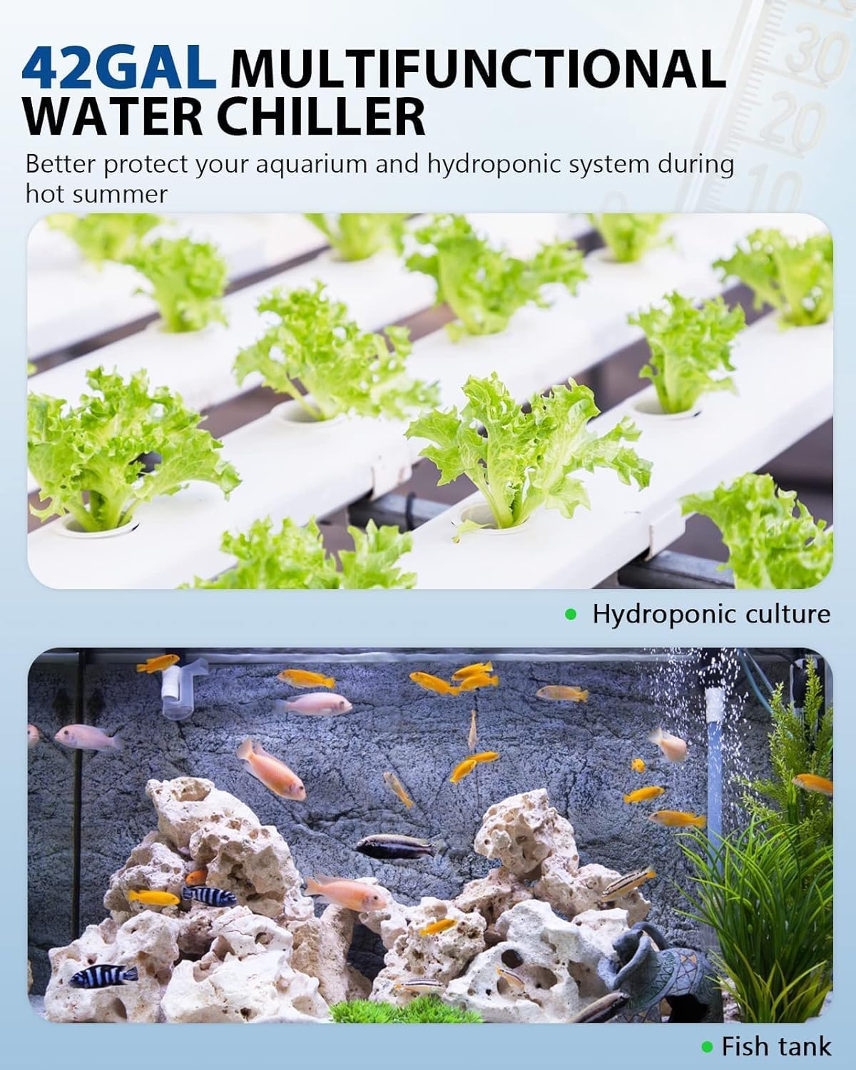2025 Aquarium-Kühler, 42 Gallonen, 1/10 PS, Wasserkühler, Fischtank-Kühler, spezielles leises Design, Kühlkompressor für Hydrokultur, Wasserpflanzen, Quallen, Korallen, Kristallgarnelen (42 Gallonen/160 l)