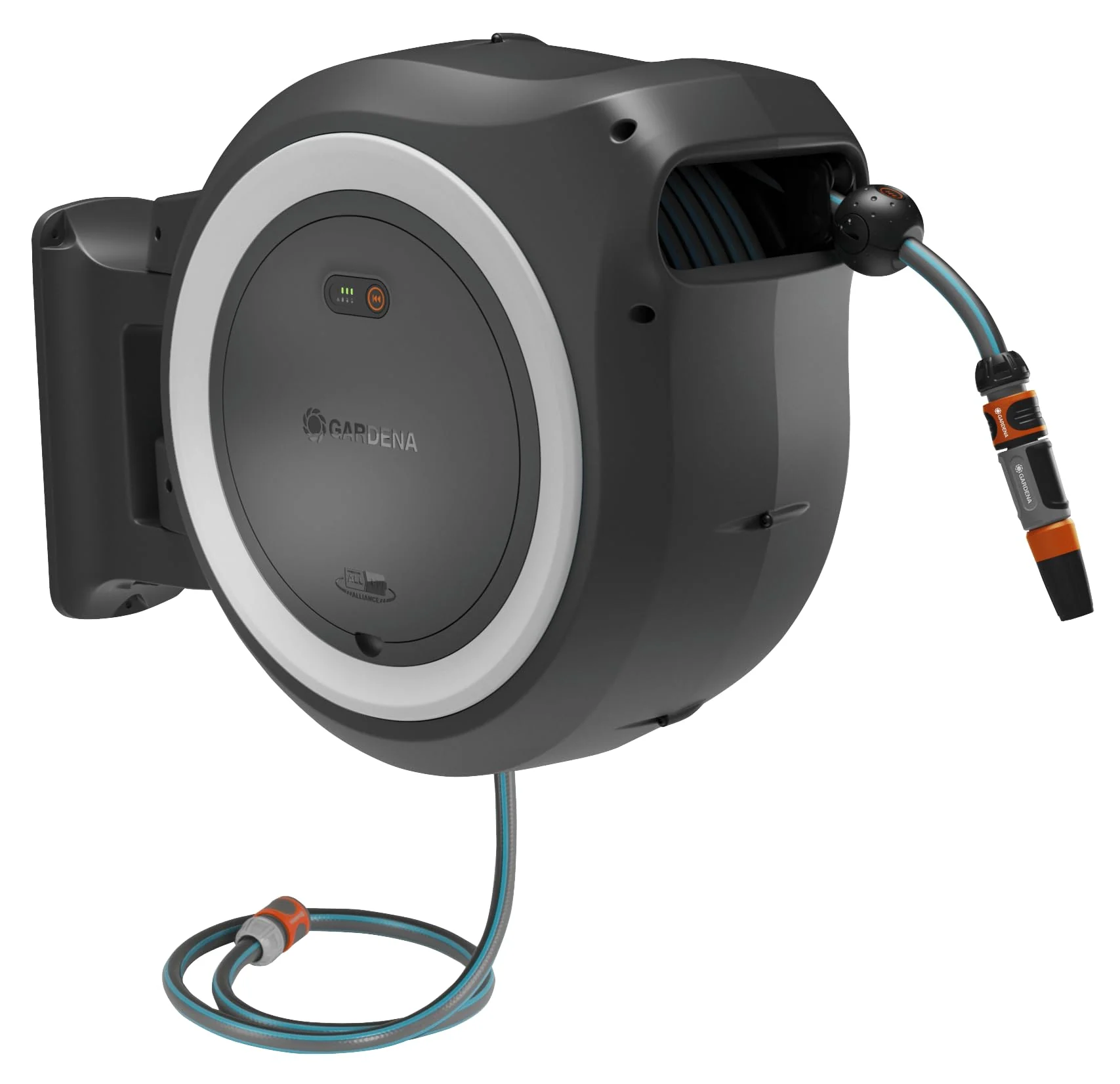 2025 Gardena Akku-Wand-Schlauchbox PowerRoll XL Ready-to-use-Set: Automatischer Schlauchaufroller mit 35 m Gartenschlauch, Schlauchführung und RollControll, Komplett-Set mit Akku (18642-20)
