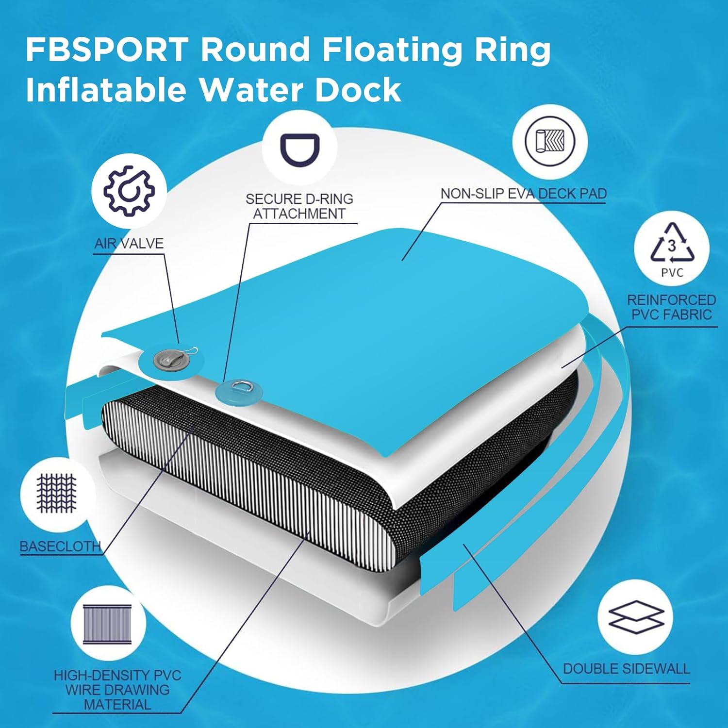 2025 Aufblasbares Dock, schwimmende Plattform, 2,44 m aufblasbares Wasserhängematten-Schwimmdeck für See mit Getränkehalter, runder Schwimmring, Schwimmfloß, Liegeinsel, Plattformpolster