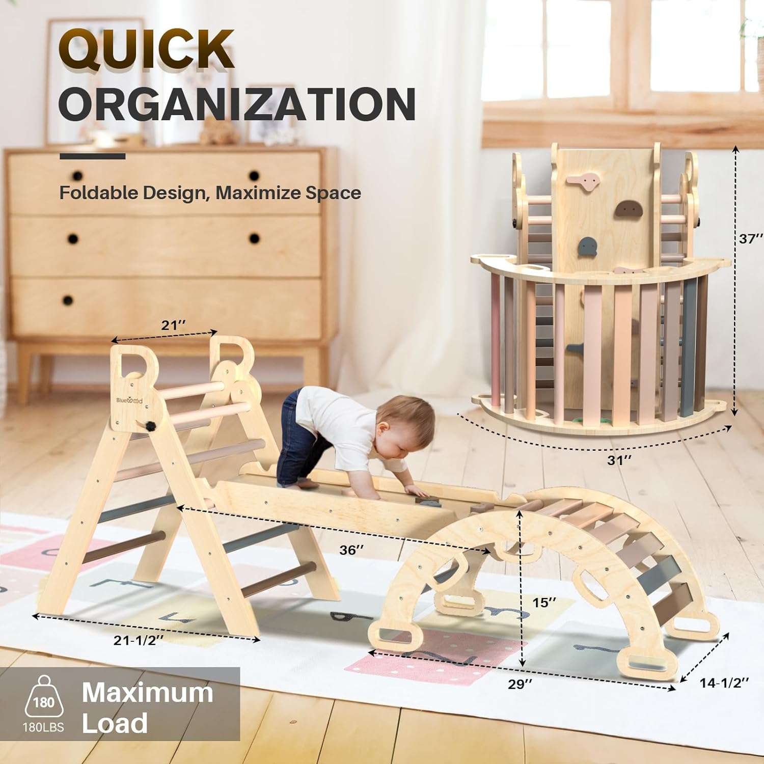 2025 Pikler-Dreieck-Set, 7-in-1, faltbares Baby-Kletterspielzeug, hölzernes Montessori-Kletterset mit Bogen, Rampe und Leiter, Baby-Klettergerät, Indoor-Klettergerüste für Kleinkinder, Montessori-Spielzeug – Regenbogen