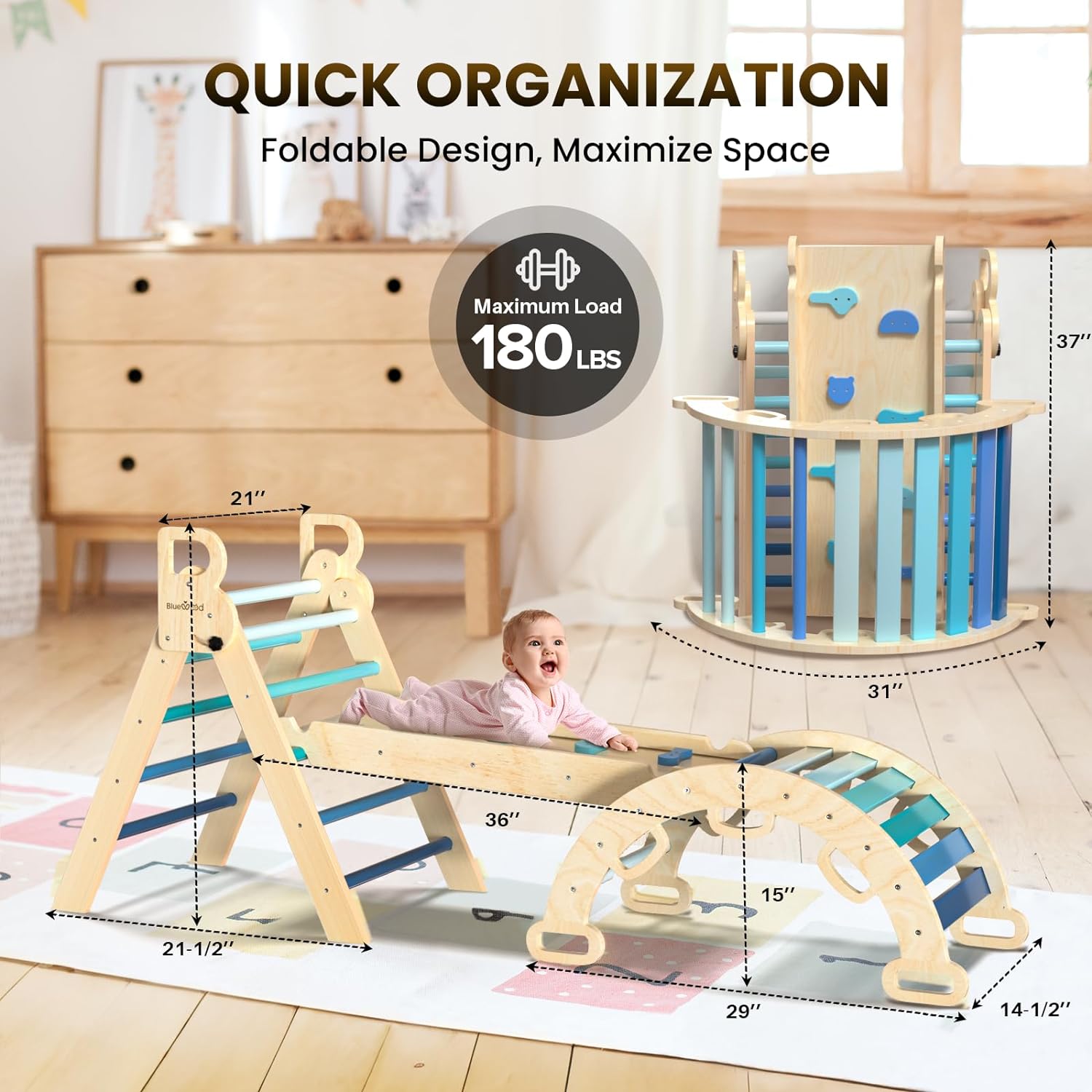 2025 Pikler-Dreieck-Set, 7-in-1, faltbares Baby-Kletterspielzeug, hölzernes Montessori-Kletterset mit Bogen, Rampe und Leiter, Baby-Klettergerät, Indoor-Klettergerüste für Kleinkinder, Montessori-Spielzeug – Regenbogen