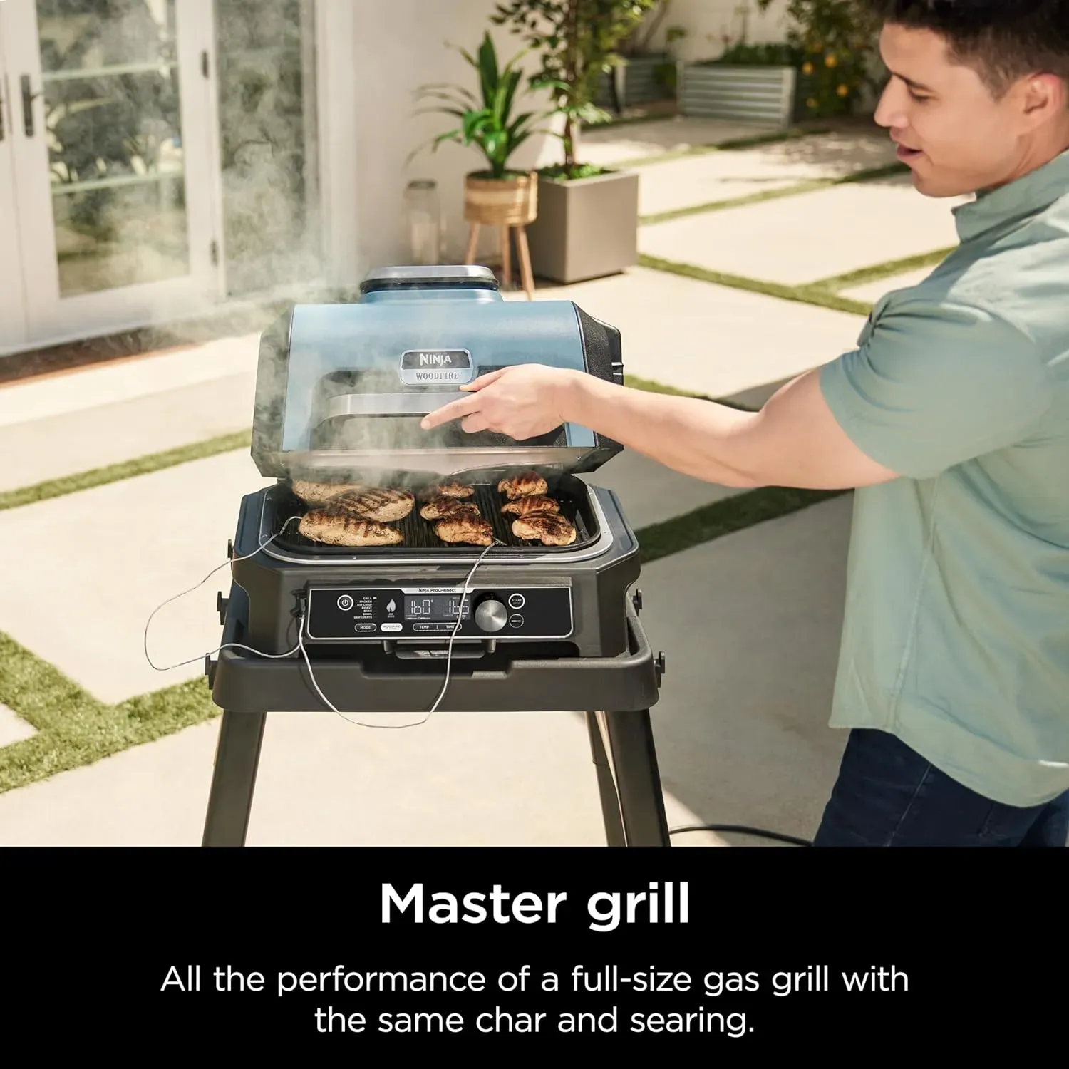2025 Premium XL Outdoor-Grill & Smoker, Bluetooth, App-fähig, 7-in-1 Master Grill, BBQ-Smoker, Outdoor-Heißluftfritteuse, Woodfire-Technologie, 2 eingebaute Thermometer, Schwarz
