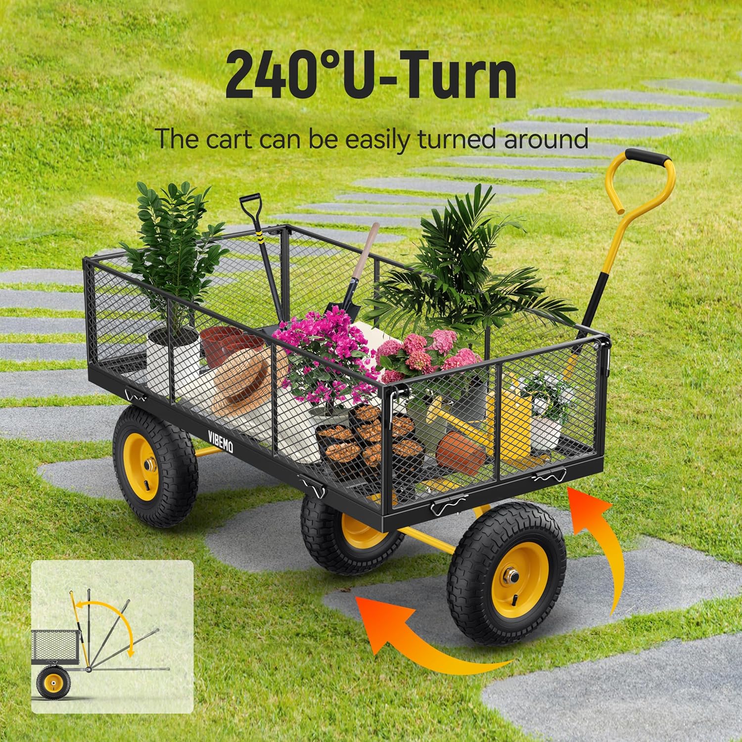 2025 Steel Garden Cart, 2-in-1 1400 lbs Heavy Duty Utility Wagon, with Removable Mesh Sides to Convert into Flatbed, 240° U-Turn 13