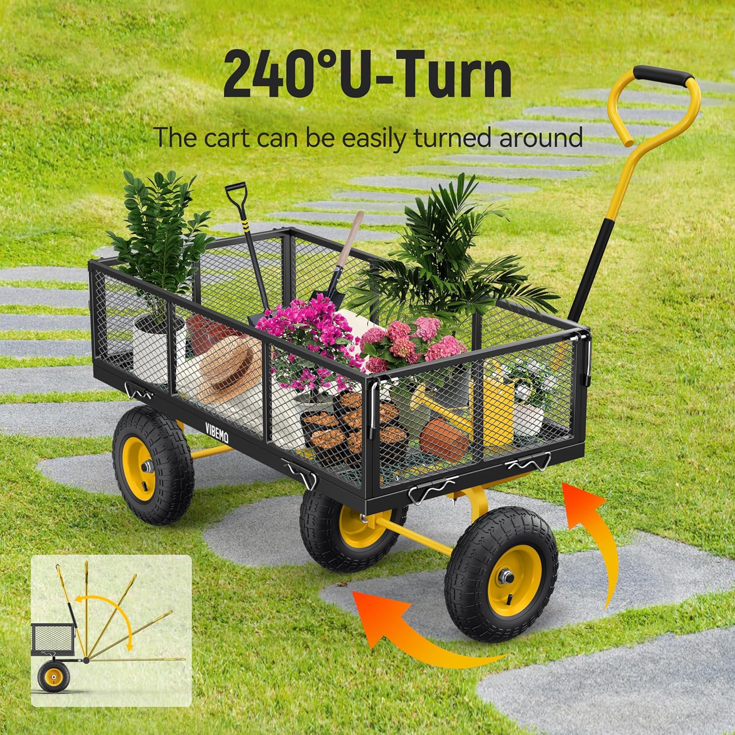 2025 Steel Garden Cart, 2-in-1 1400 lbs Heavy Duty Utility Wagon, with Removable Mesh Sides to Convert into Flatbed, 240° U-Turn 13