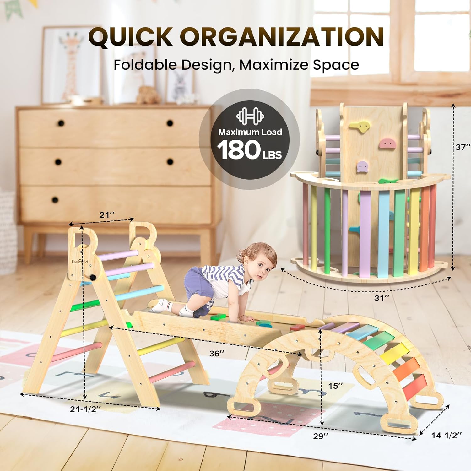 2025 Pikler-Dreieck-Set, 7-in-1, faltbares Baby-Kletterspielzeug, hölzernes Montessori-Kletterset mit Bogen, Rampe und Leiter, Baby-Klettergerät, Indoor-Klettergerüste für Kleinkinder, Montessori-Spielzeug – Regenbogen