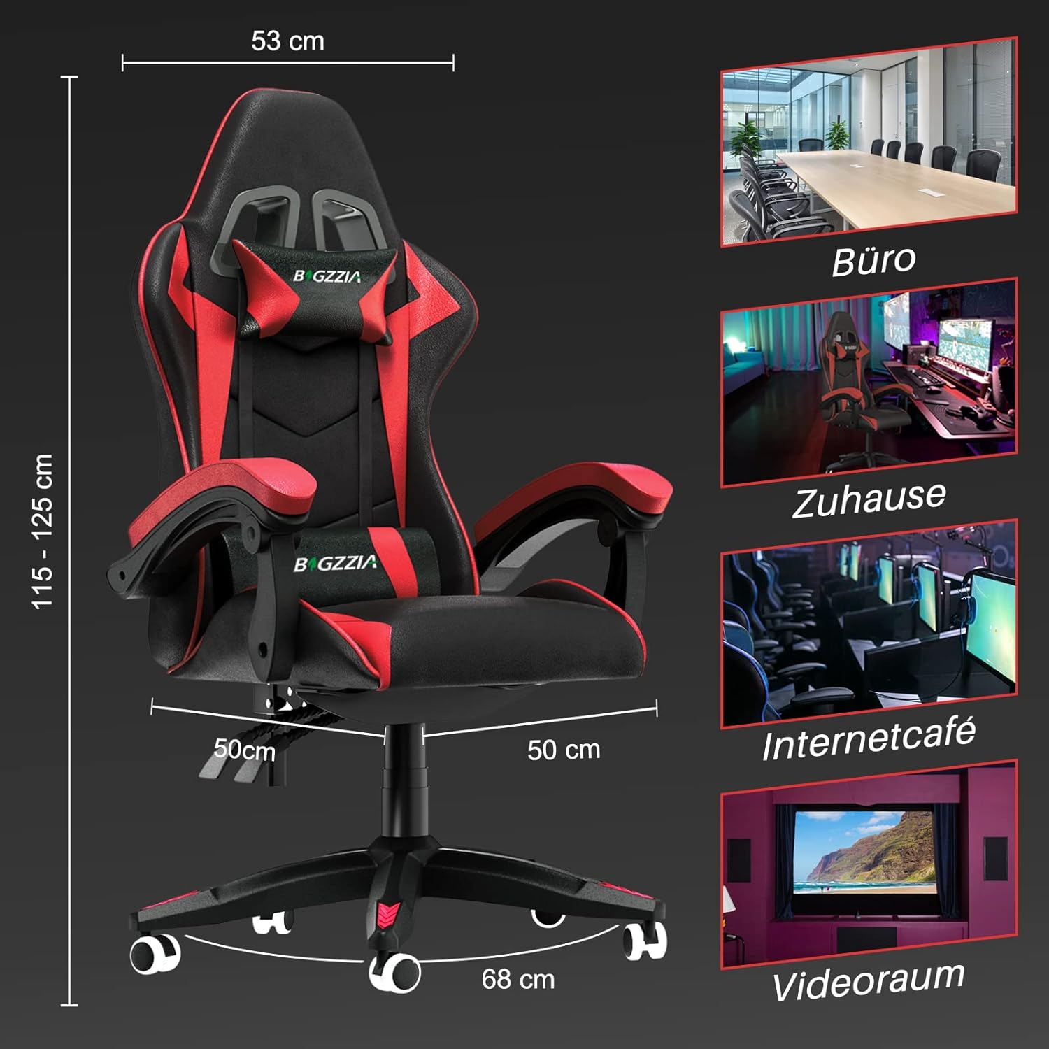 2025 Bigzzia Gaming-Stuhl, Bürostuhl, Liegestuhl, hohe Rückenlehne, Leder, verstellbar, drehbar, rollbar, ergonomisch, Videospiel-Stühle, Rennstuhl, Computer-Schreibtischstuhl mit Kopfstütze und Lendenwirbelstütze (Schwarz/Rot)