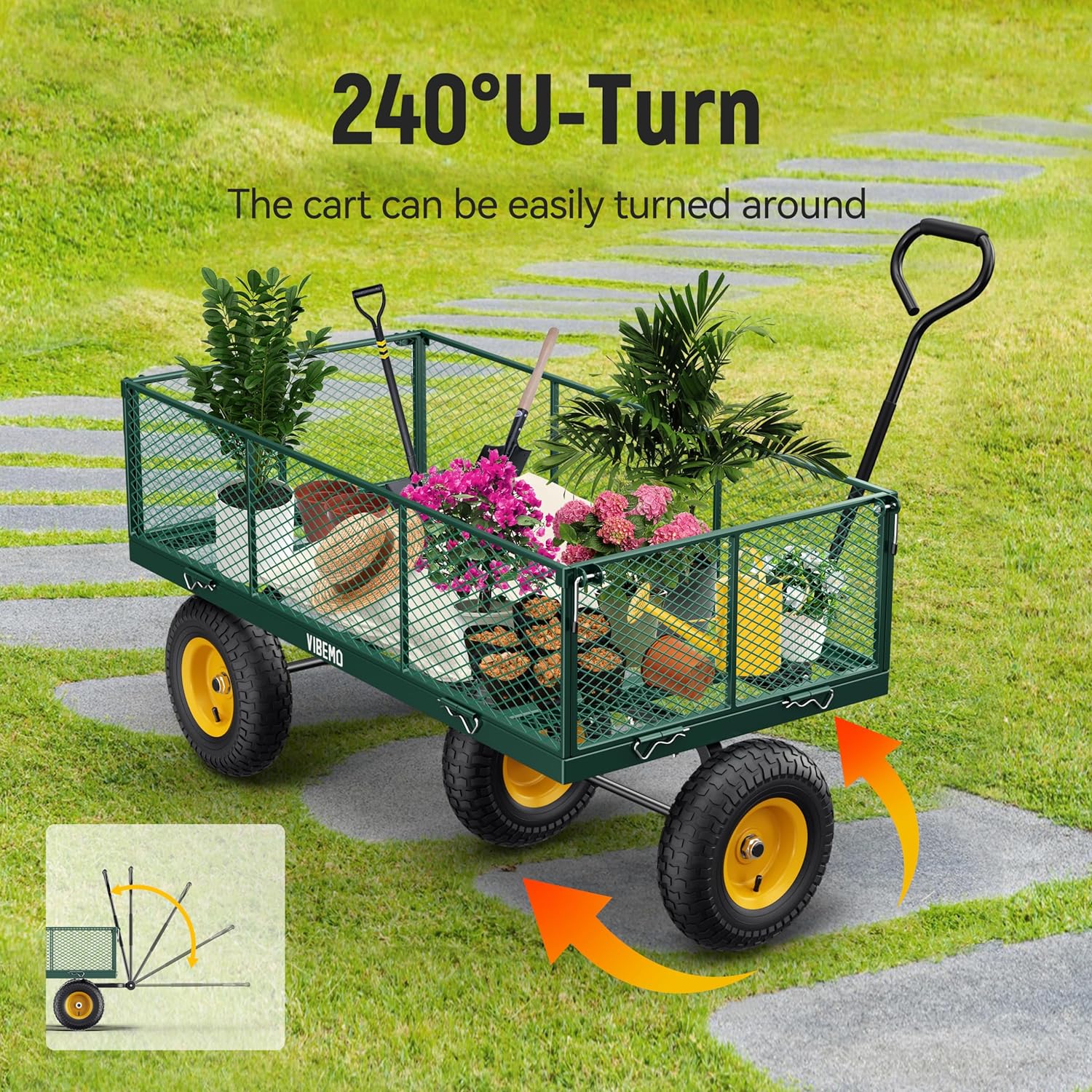 2025 Steel Garden Cart, 2-in-1 1400 lbs Heavy Duty Utility Wagon, with Removable Mesh Sides to Convert into Flatbed, 240° U-Turn 13