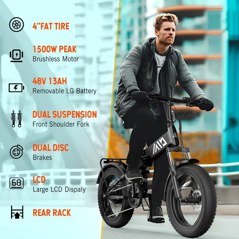 2025 TST Electric Bike, 4.0 Fat Tire Foldable Ebike, 48V 13Ah Batterie, 750W Electric Commuter Bicycle mit LCD, 20“ One-Step Folding Electric City Bike für Männer Frauen, Schwarz
