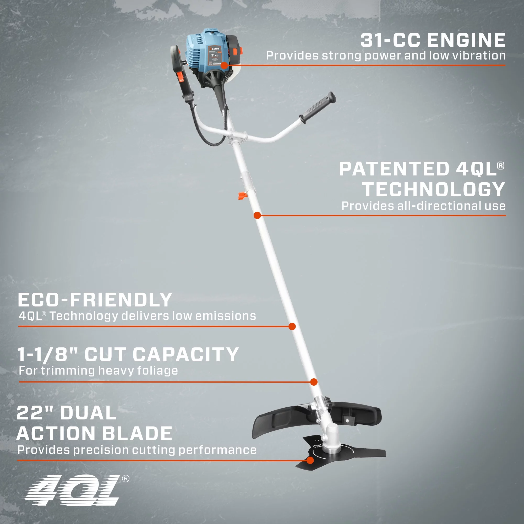 2025 SENIX 31 cc 4-Takt Benzinbetriebener Freischneider, 10 Zoll, 17,7 Zoll Schnittbreite, Stoßvorschub, GTBCU4QL-M