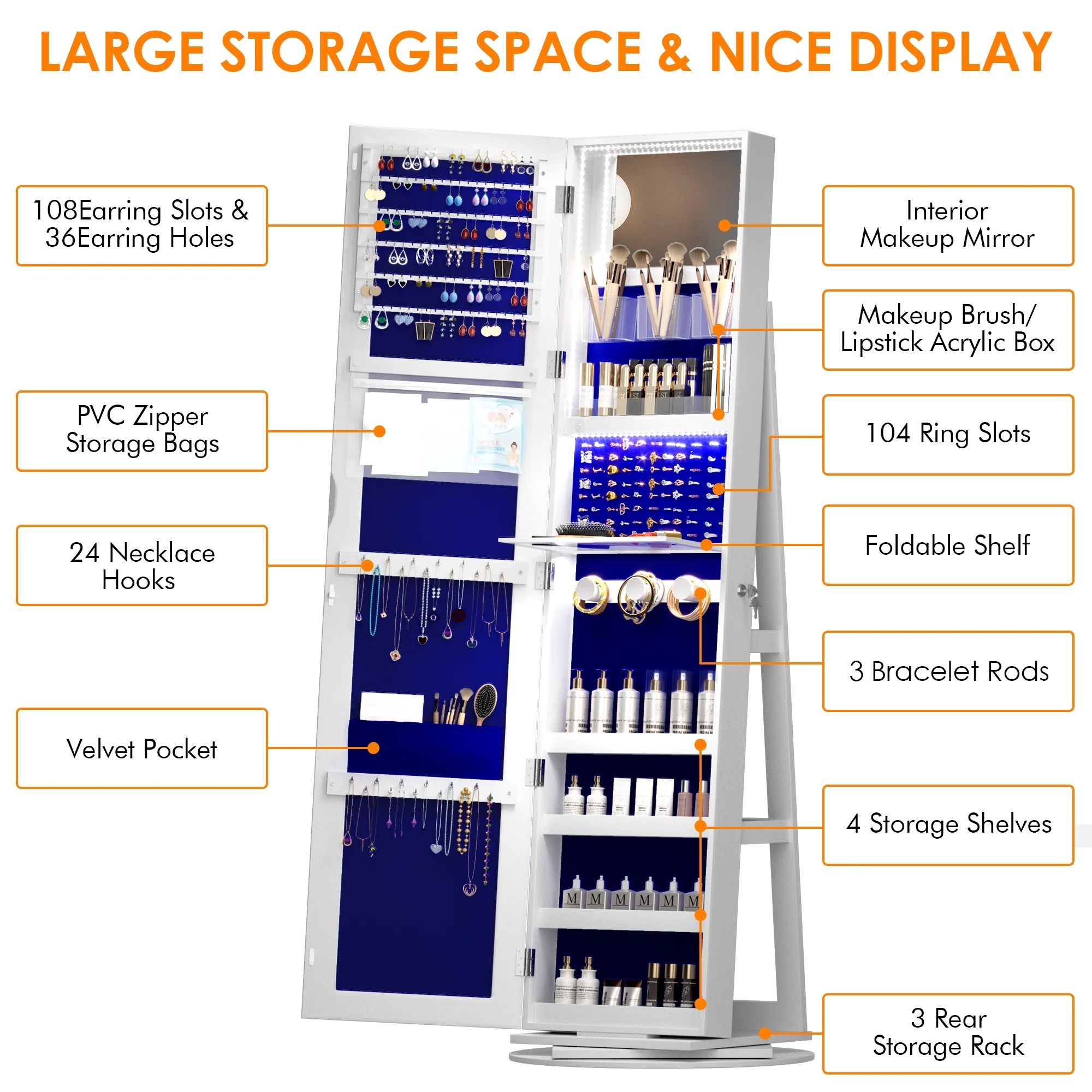 2025 LVSOMT 360° drehbarer LED-Schmuckschrank mit Ganzkörperspiegel, großer Schmuckschrank, verschließbarer Standspiegel, Schmuck-Organizer mit innerem Schminkspiegel und weichem Samt für Wohnzimmer und Schlafzimmer