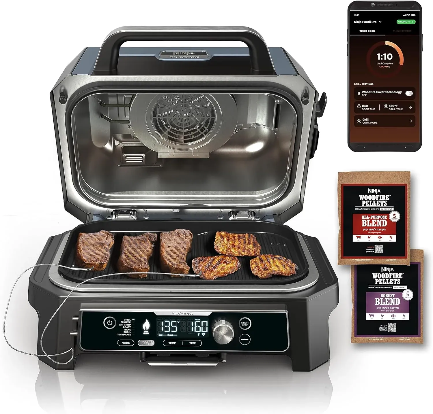 2025 Premium XL Outdoor-Grill & Smoker, Bluetooth, App-fähig, 7-in-1 Master Grill, BBQ-Smoker, Outdoor-Heißluftfritteuse, Woodfire-Technologie, 2 eingebaute Thermometer, Schwarz