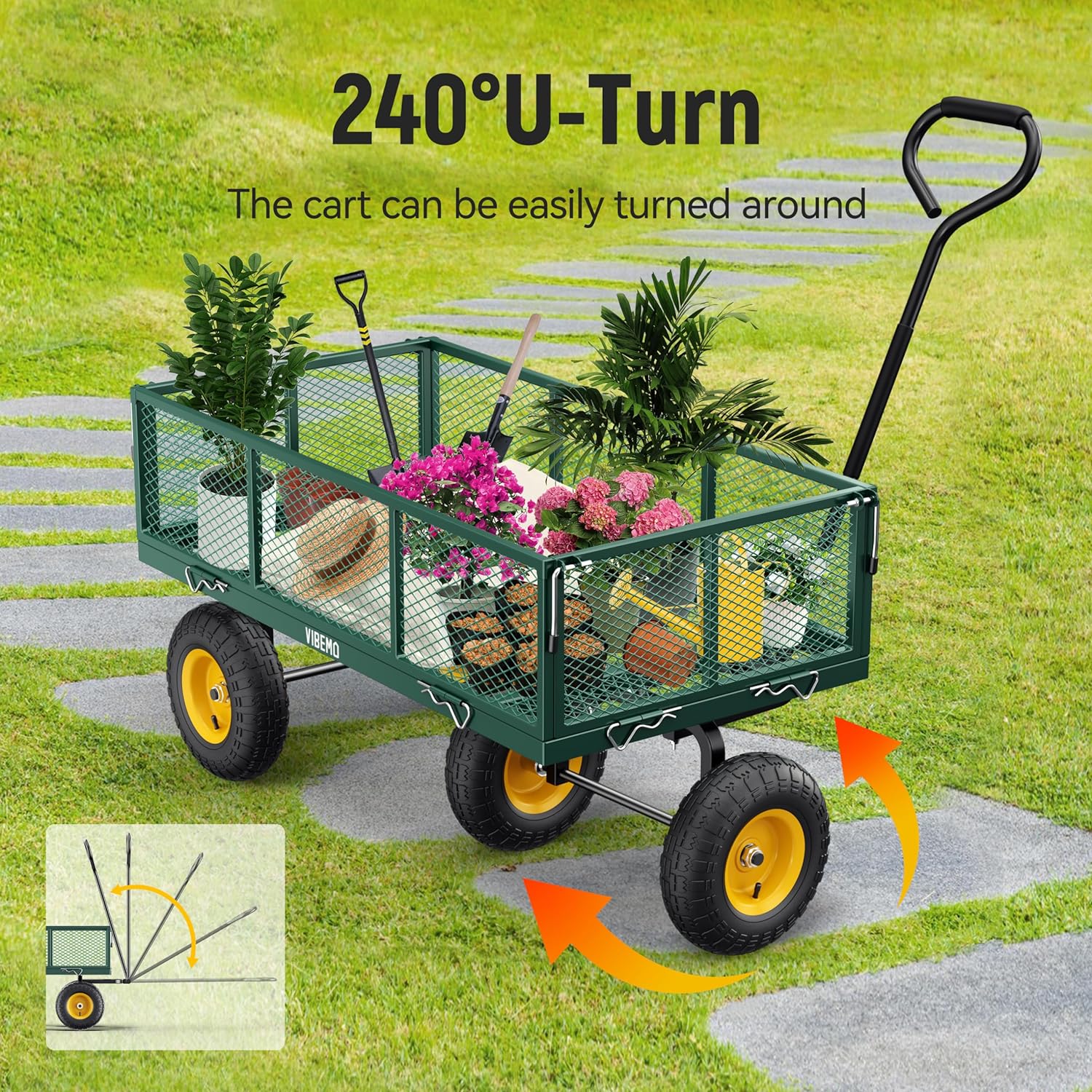2025 Steel Garden Cart, 2-in-1 1400 lbs Heavy Duty Utility Wagon, with Removable Mesh Sides to Convert into Flatbed, 240° U-Turn 13