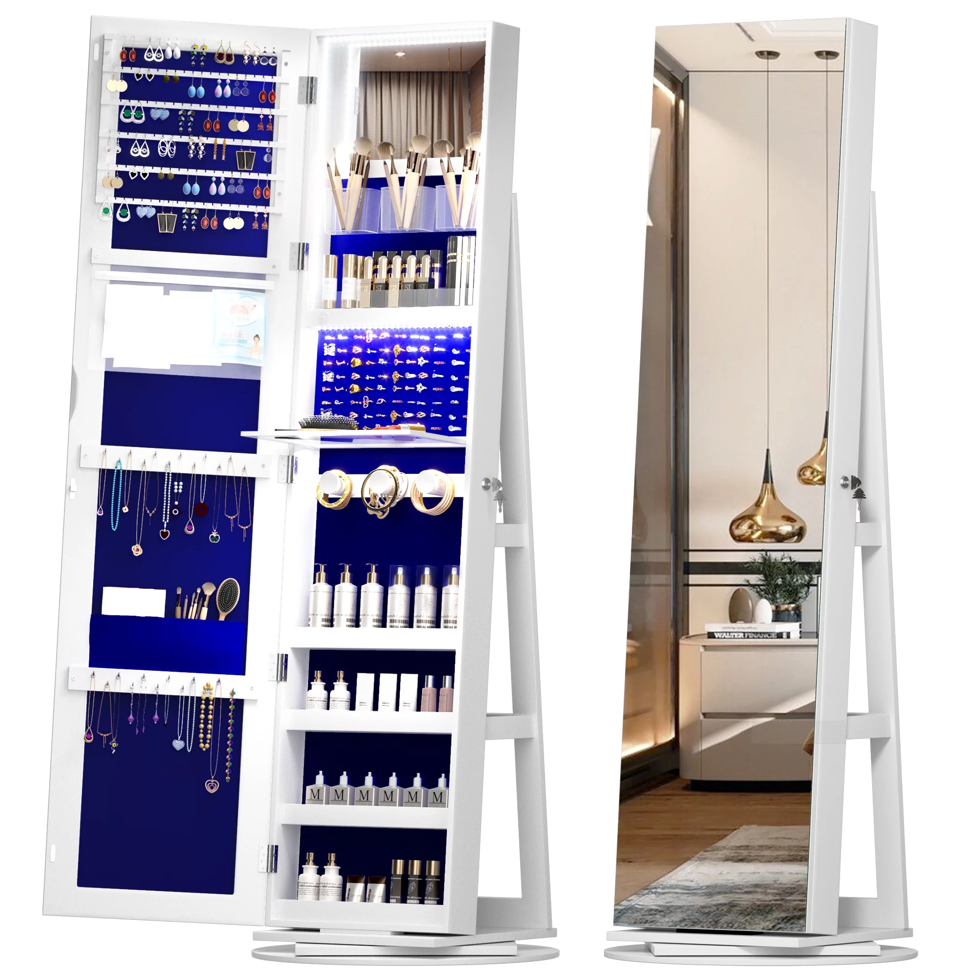 2025 LVSOMT 360° drehbarer LED-Schmuckschrank mit Ganzkörperspiegel, großer Schmuckschrank, verschließbarer Standspiegel, Schmuck-Organizer mit innerem Schminkspiegel und weichem Samt für Wohnzimmer und Schlafzimmer