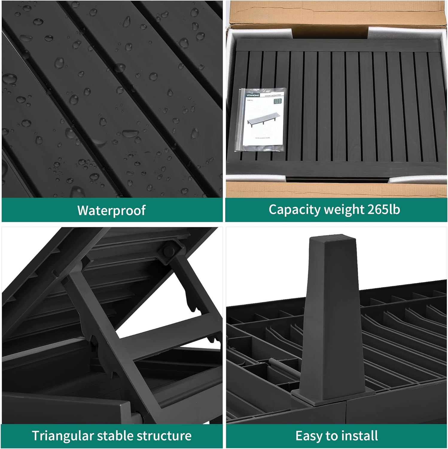 2025 Chaiselongue-Stühle für den Außenbereich, 4er-Set mit verstellbarer Rückenlehne, stabile Liegen für Terrasse und Poolrand, einfache Montage, wasserdicht und leicht mit einer Tragfähigkeit von 120 kg, schwarz