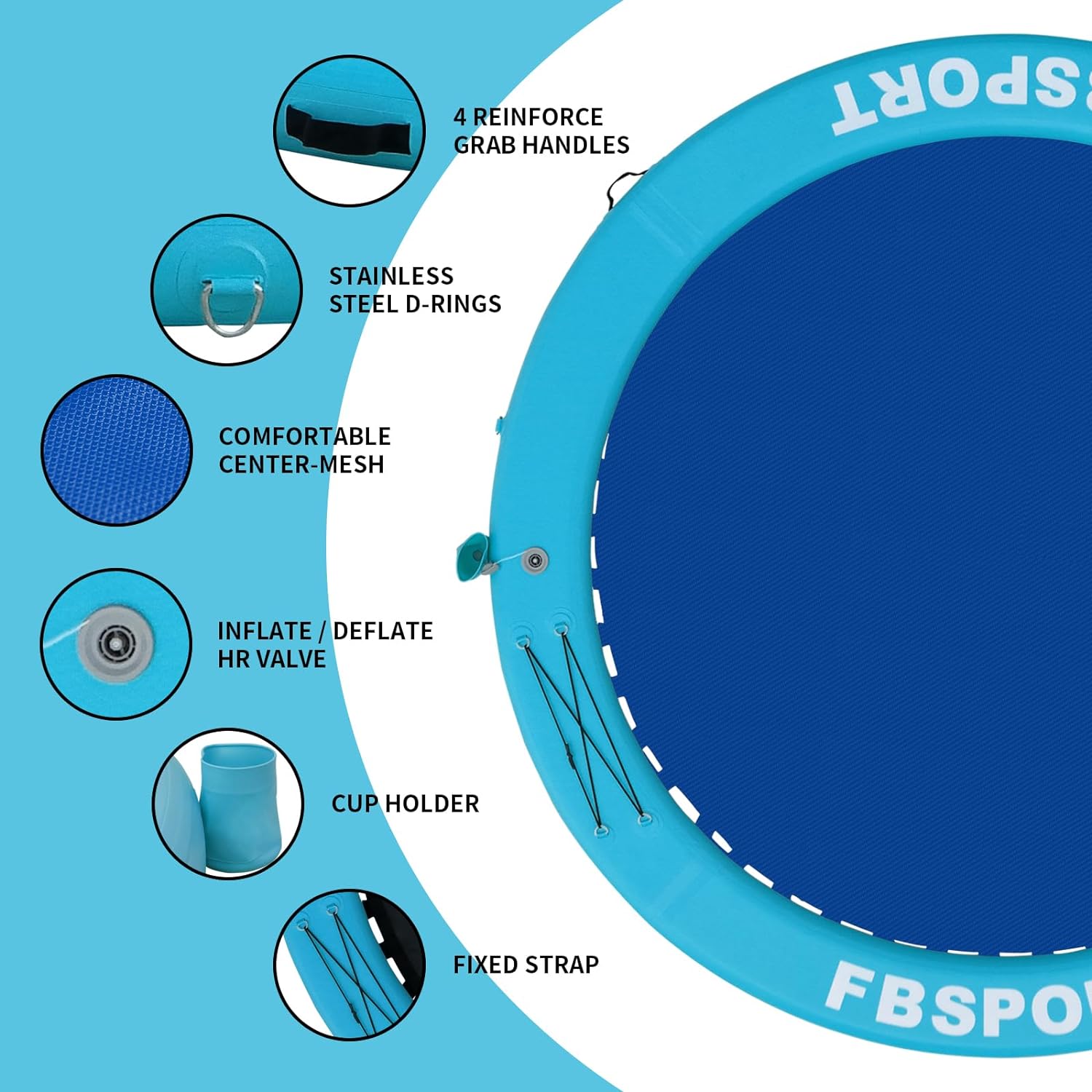 2025 Aufblasbares Dock, schwimmende Plattform, 2,44 m aufblasbares Wasserhängematten-Schwimmdeck für See mit Getränkehalter, runder Schwimmring, Schwimmfloß, Liegeinsel, Plattformpolster